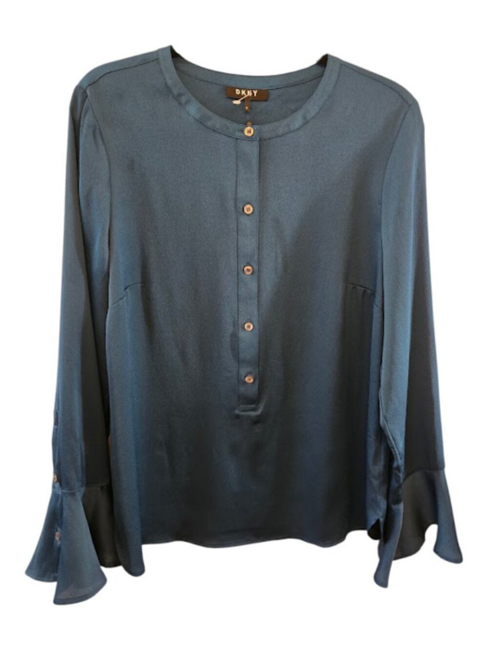 Dark teal blouse DKNY bell sleeves henley top size 12 NWT